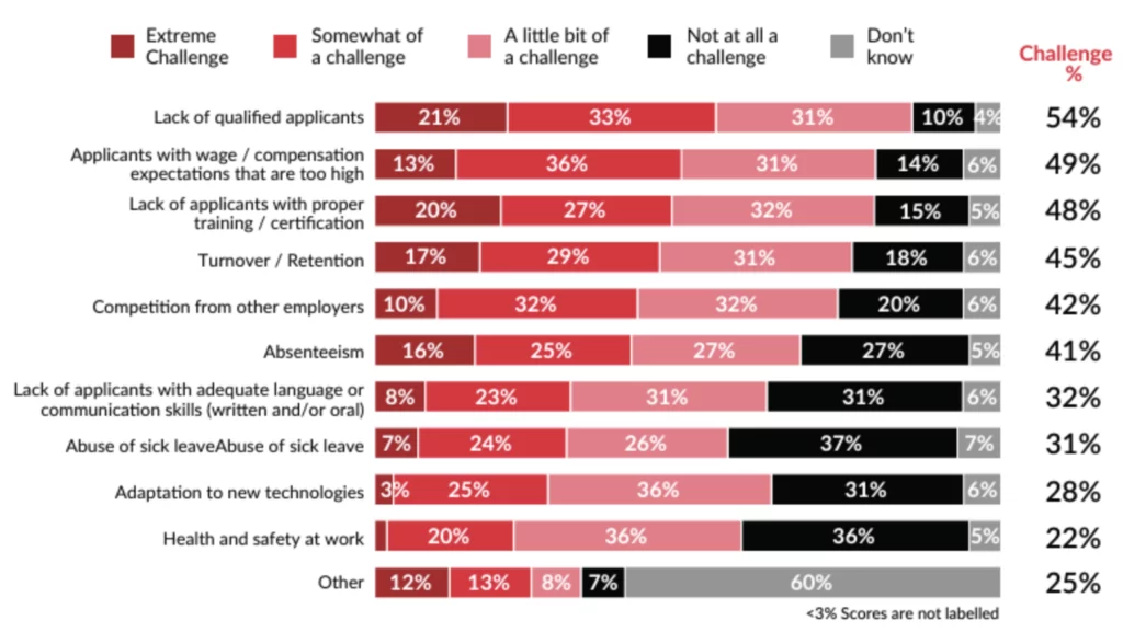 Bar chart titled "Challenges faced by employers" with categories rated by challenge levels: Extreme Challenge, Somewhat of a Challenge, A Little Bit of a Challenge, Not at All a Challenge, and Don't Know. The challenges and corresponding percentages are: